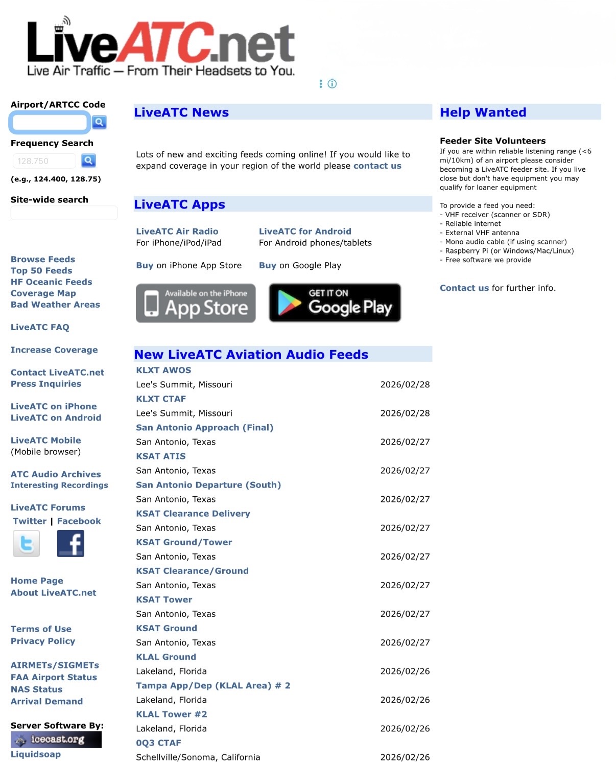 LiveATC Web：左上の検索（Search）