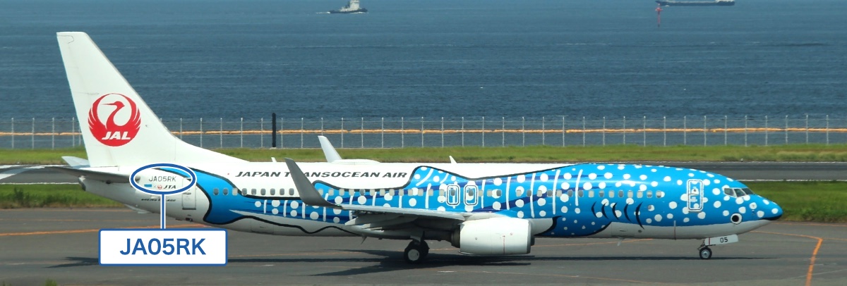ジンベエザメの模様に塗られたJTAのボーイング737-800を横から撮った写真。胴体の後ろ、水平尾翼の近くにJA05RKと小さく書かれていて、その位置を丸で囲んでいる