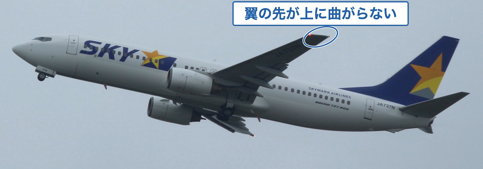 曇り空の長崎空港を離陸して上昇するスカイマークのJA737Nを下から撮った写真。翼の先が上に曲がらず平らに終わっていて、その部分を丸で囲み、翼の先が上に曲がらないと文字を添えている。翼の下に機体記号JA737Nの文字が見える