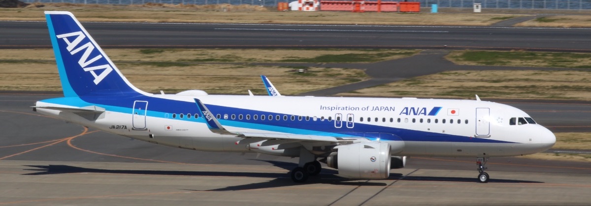 地上にいるANAのエアバスA320neo(JA217A)を横から撮った写真。翼の先に上向きのシャークレットが見える