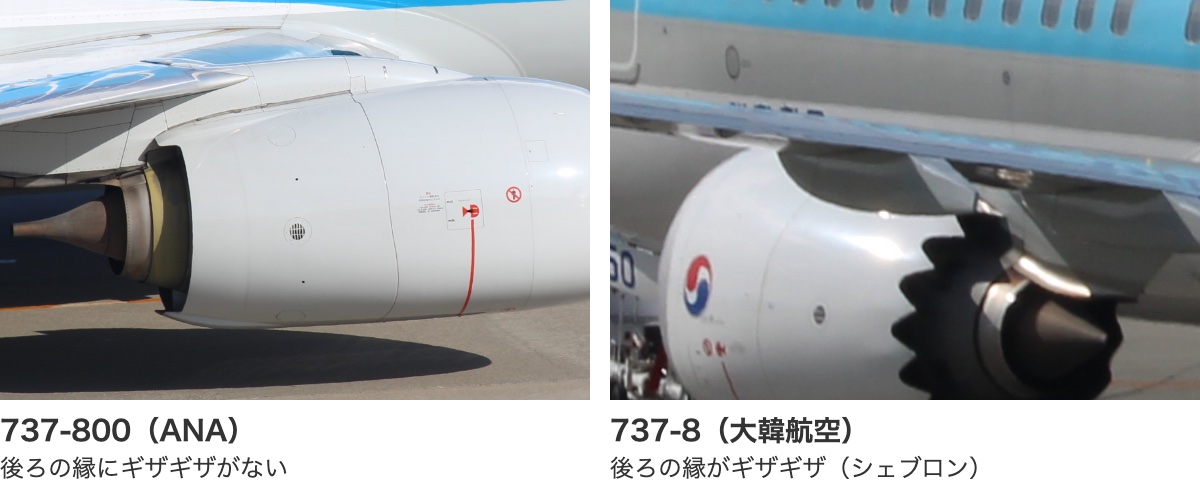 ANAのボーイング737-800と大韓航空の737-8のエンジンを並べた写真。737-800は後ろの縁がまっすぐで、737-8はギザギザになっている