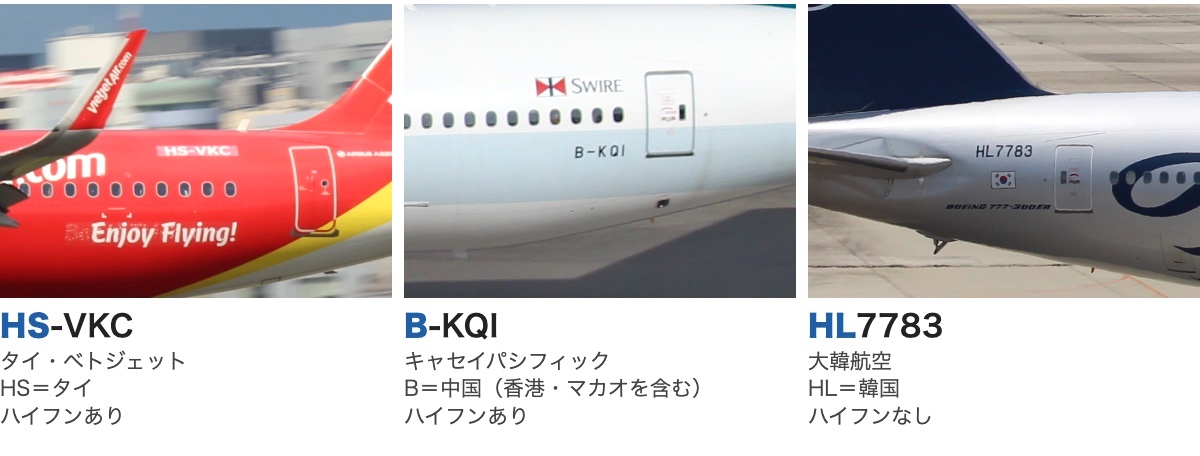 タイ・ベトジェットのHS-VKC、キャセイパシフィックのB-KQI、大韓航空のHL7783の機体記号を並べた写真。国籍記号のHS・B・HLに色が付いていて、HS-VKCとB-KQIはハイフンあり、HL7783はハイフンなし